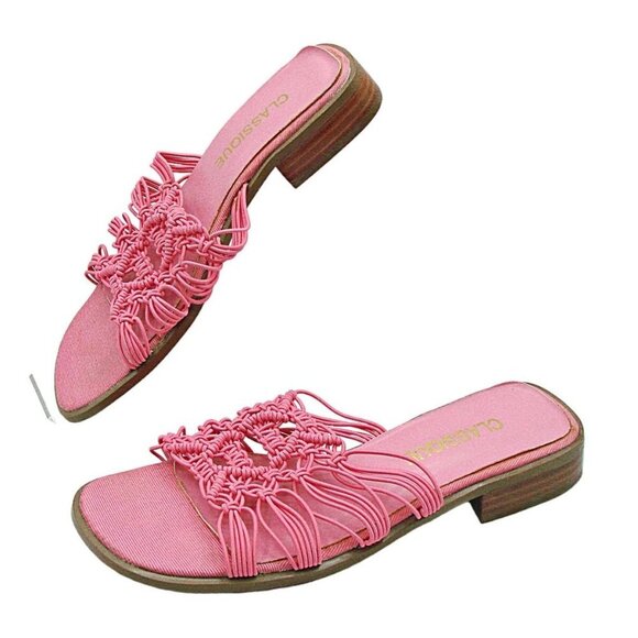 Vintage Classique Pink Square Toe Woven Laced Block Heel Sandals Womens Size 8M - Picture 1 of 12